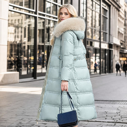 Isabelle - Women's Hooded Longline Puffer Parka with Faux Fur Trim - Parkas - Light Blue - Davies & Cooper