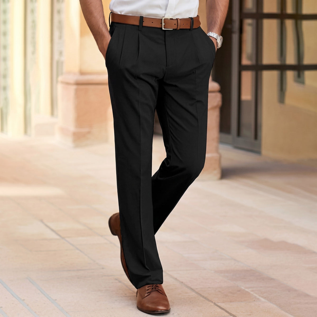 James - Men's Slim Fit Pleated Straight Leg Office Trousers - Trousers - Black - Davies & Cooper