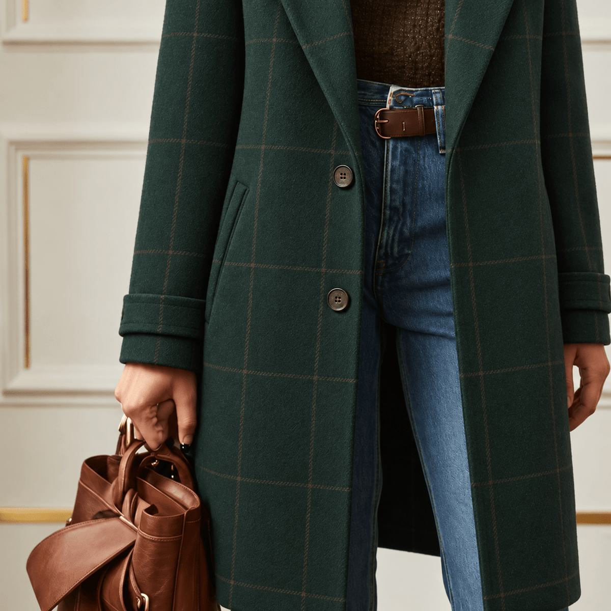 Jennifer - Women's Longline Check Wool-Look Coat with Lapel Collar - Overcoats - Dark Green - Davies & Cooper