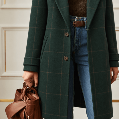 Jennifer - Women's Longline Check Wool-Look Coat with Lapel Collar - Overcoats - Dark Green - Davies & Cooper
