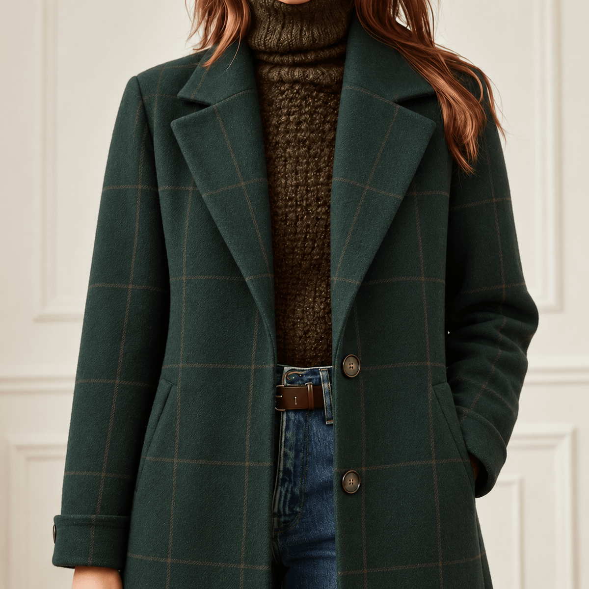 Jennifer - Women's Longline Check Wool-Look Coat with Lapel Collar - Overcoats - Dark Green - Davies & Cooper