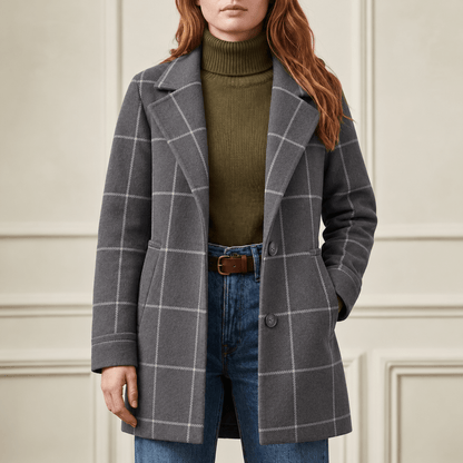 Jennifer - Women's Longline Check Wool-Look Coat with Lapel Collar - Overcoats - Grey - Davies & Cooper