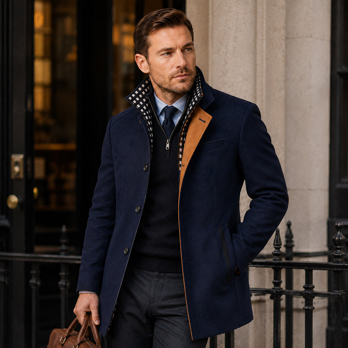 Men's Smart Casual Wool Trench Coat with Stand Collar
