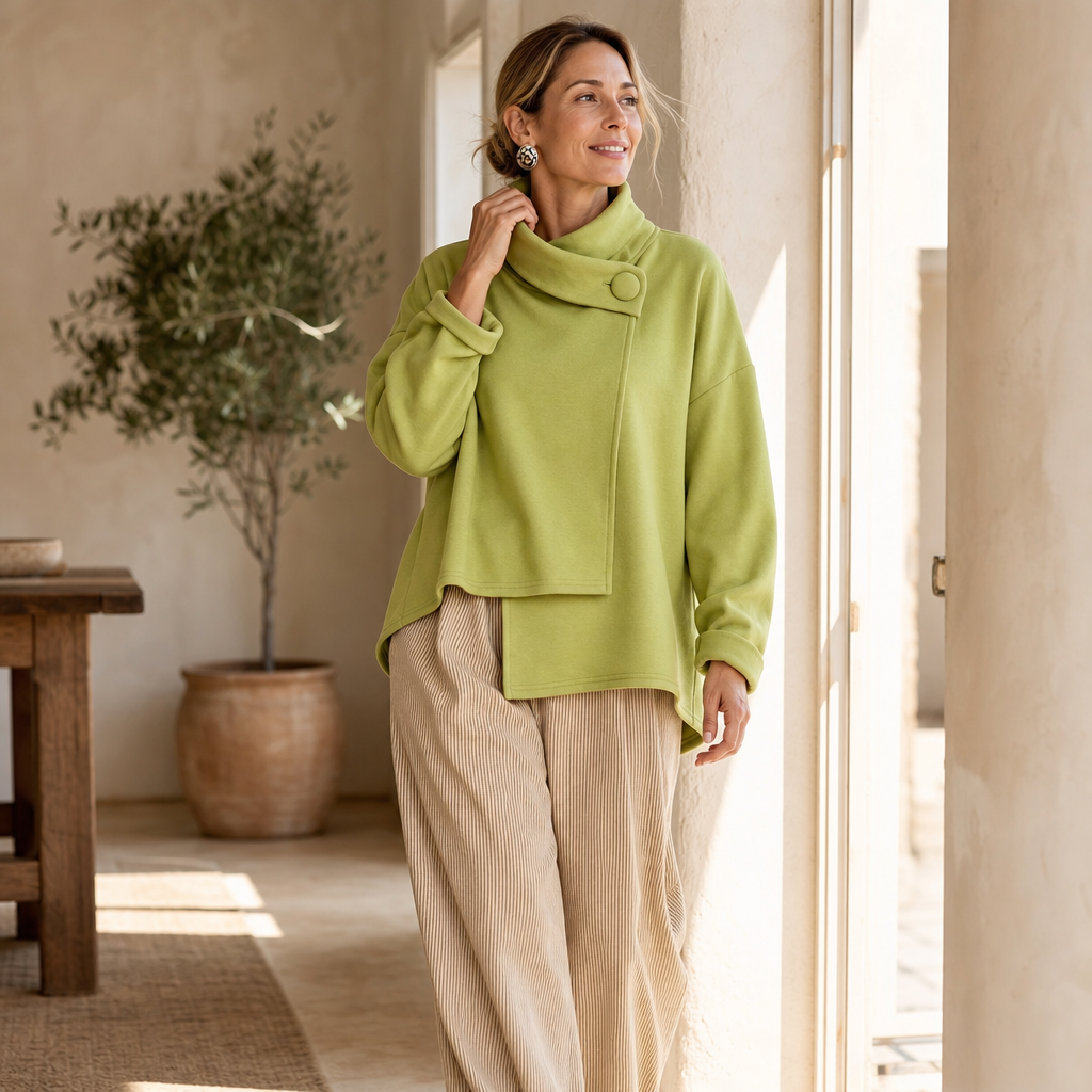Women's Cowl Neck Sweatshirt | Draped Collar & Button Detail 3