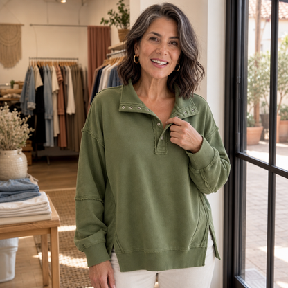 Women's Oversized Henley Sweatshirt | Structured Collar & Raw-Edge Detailing 3