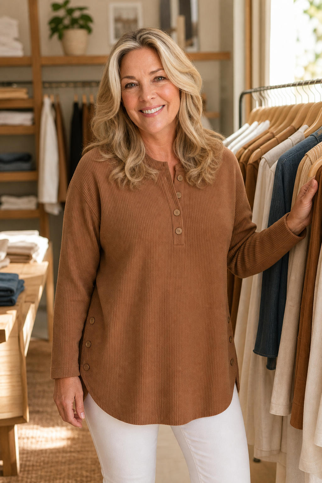Women's Henley Top | Ribbed Texture & Relaxed Fit 2