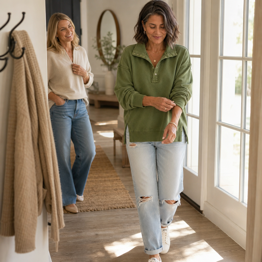 Women's Oversized Henley Sweatshirt | Structured Collar & Raw-Edge Detailing 4