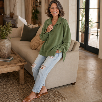Women's Oversized Henley Sweatshirt | Structured Collar & Raw-Edge Detailing 5