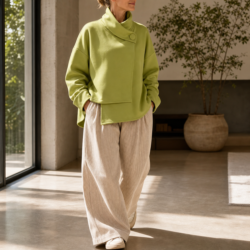 Women's Cowl Neck Sweatshirt | Draped Collar & Button Detail 5