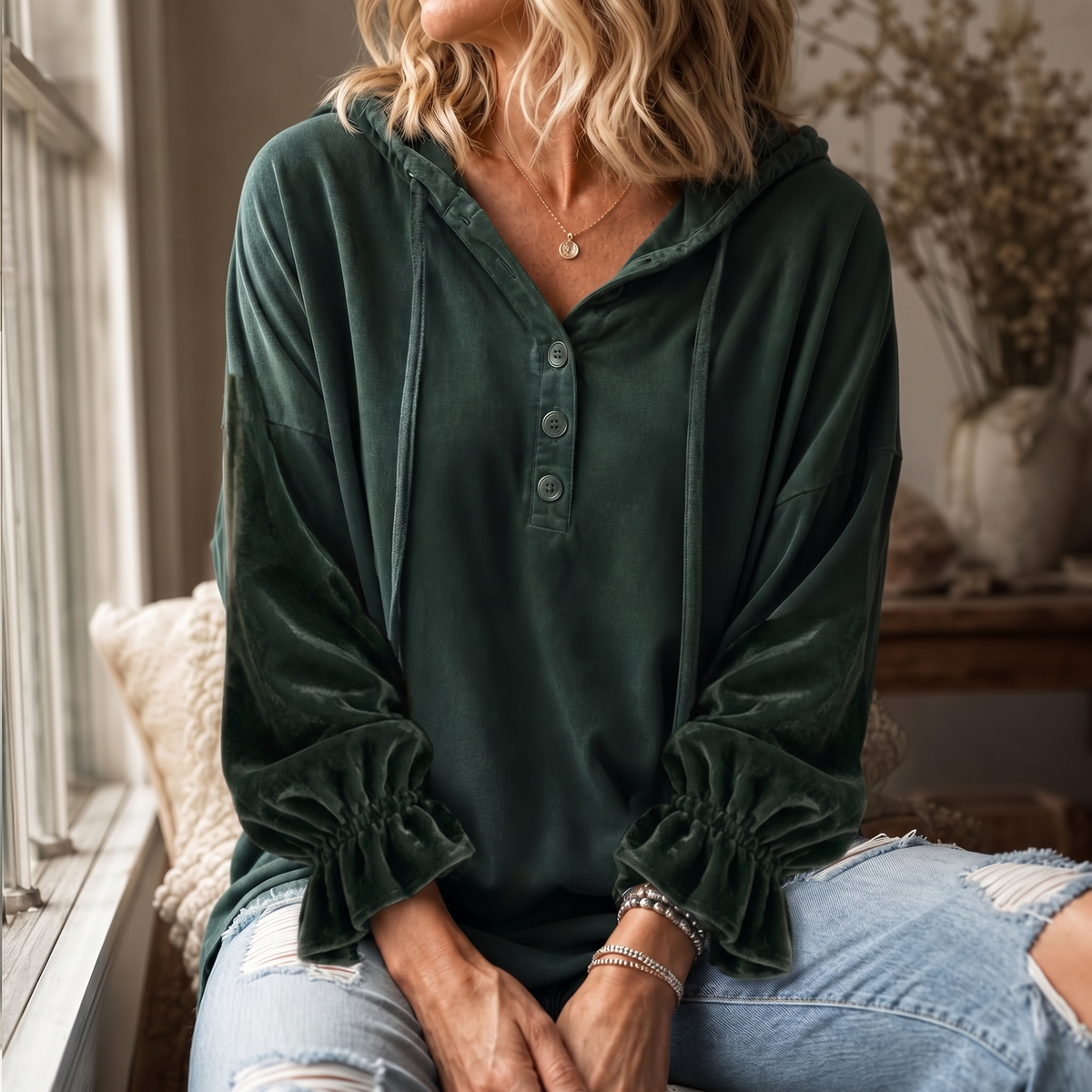 Women's Lantern Sleeve Hoodie | Relaxed Fit & Ruffled Cuff 2