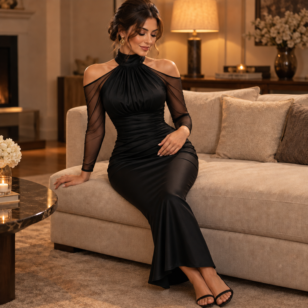 Women's Mermaid Evening Gown | Cold-Shoulder & Sheer Sleeves 5