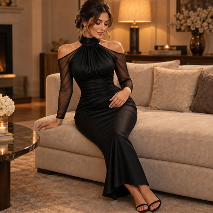Women's Mermaid Evening Gown | Cold-Shoulder & Sheer Sleeves 5
