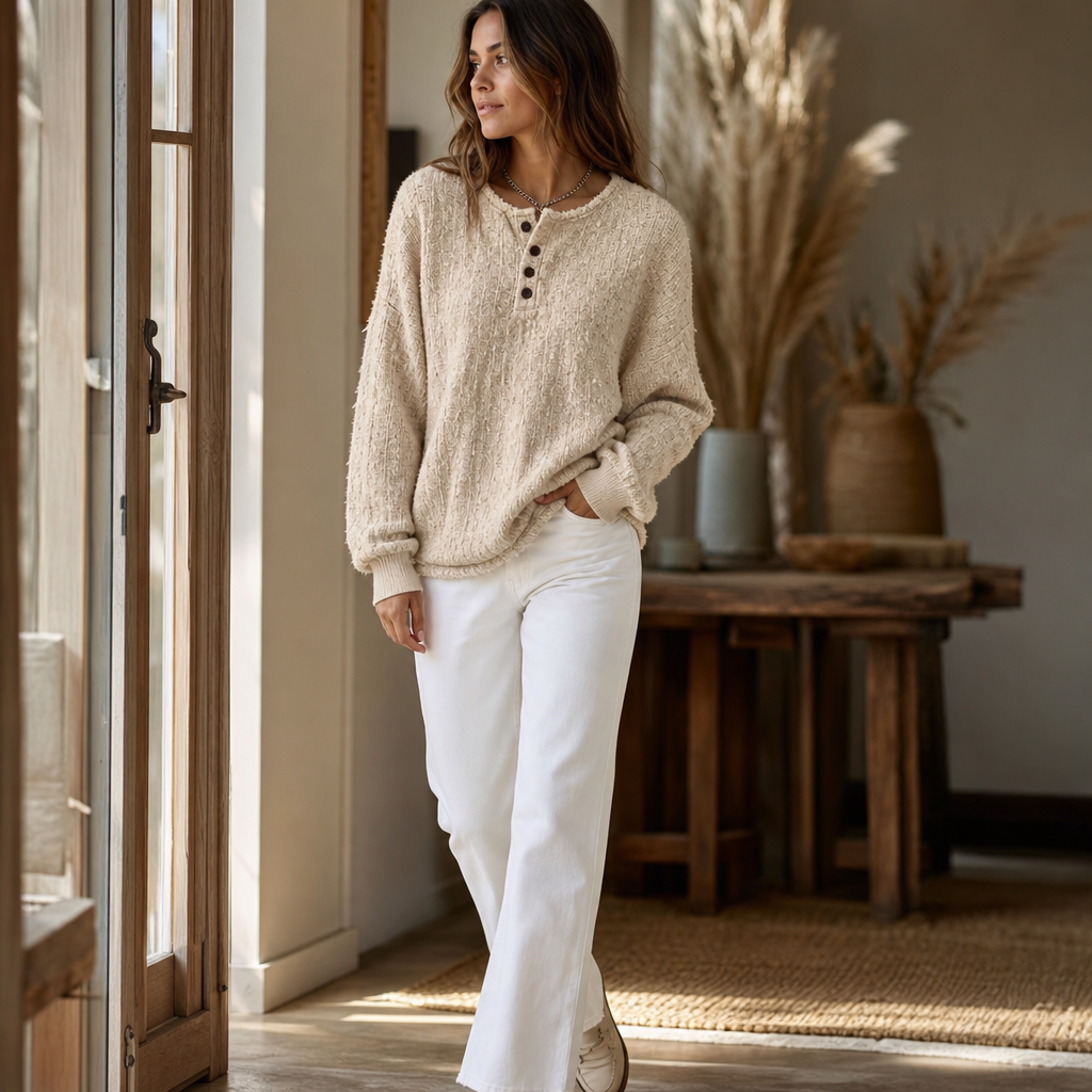 Women's Henley Sweater | Chunky Knit & Button Placket 7