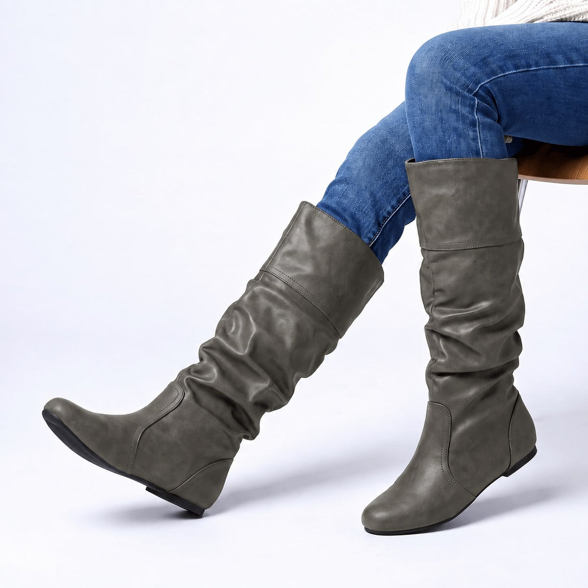 Women's Slouchy Shaft Boots Stacked Heel Round Toe 7
