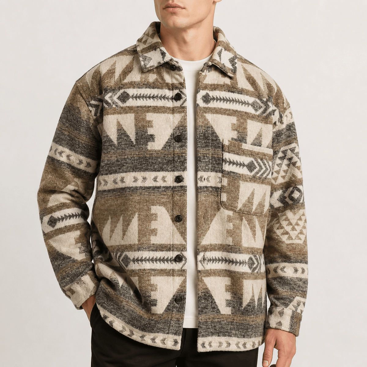 Marcus - Men's Aztec Print Jacket with Chest Pocket - Coats & Jackets - Light Brown - Davies & Cooper