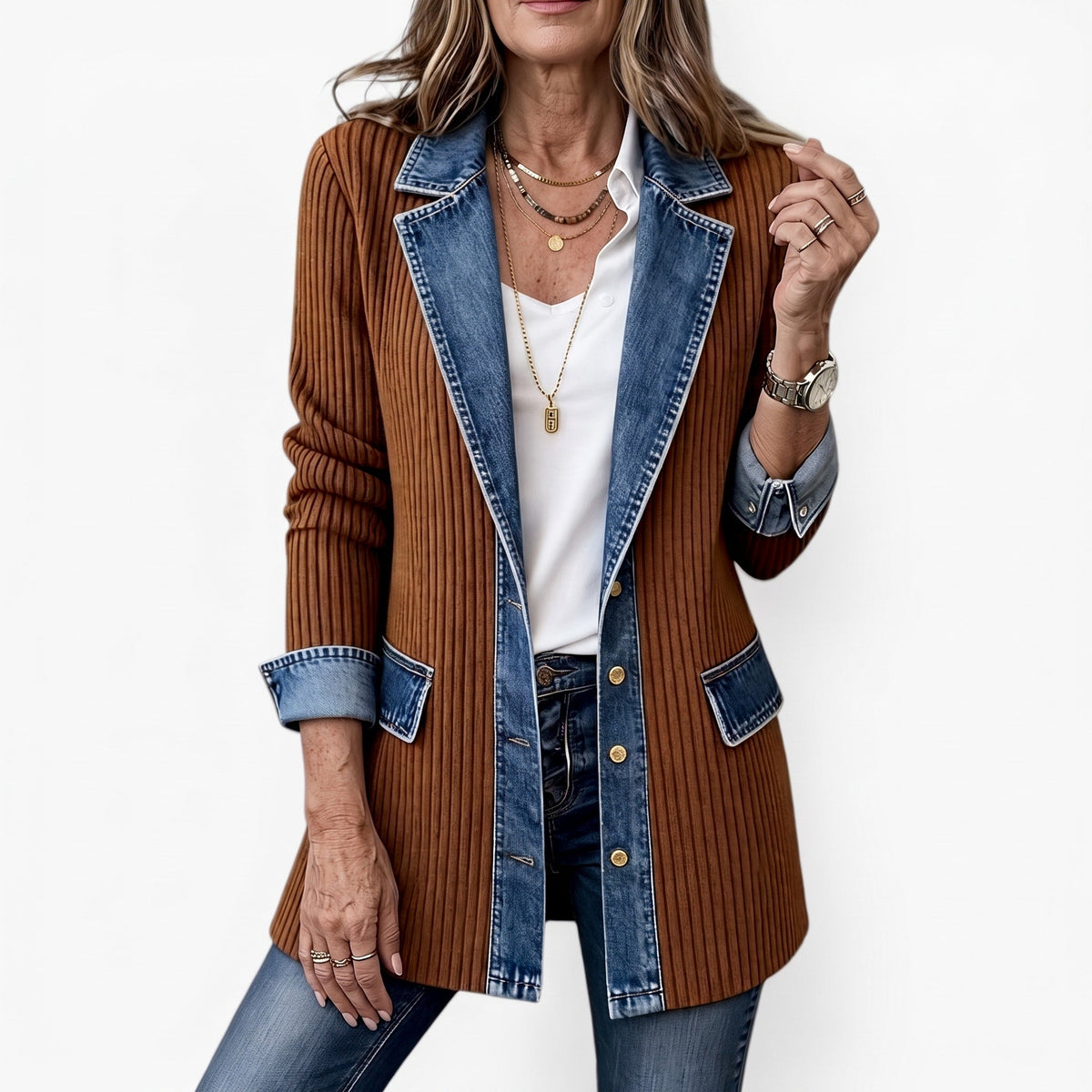 Margaret - Women's Longline Contrast Collar Blazer Jacket - Coats & Jackets - Brown - Davies & Cooper