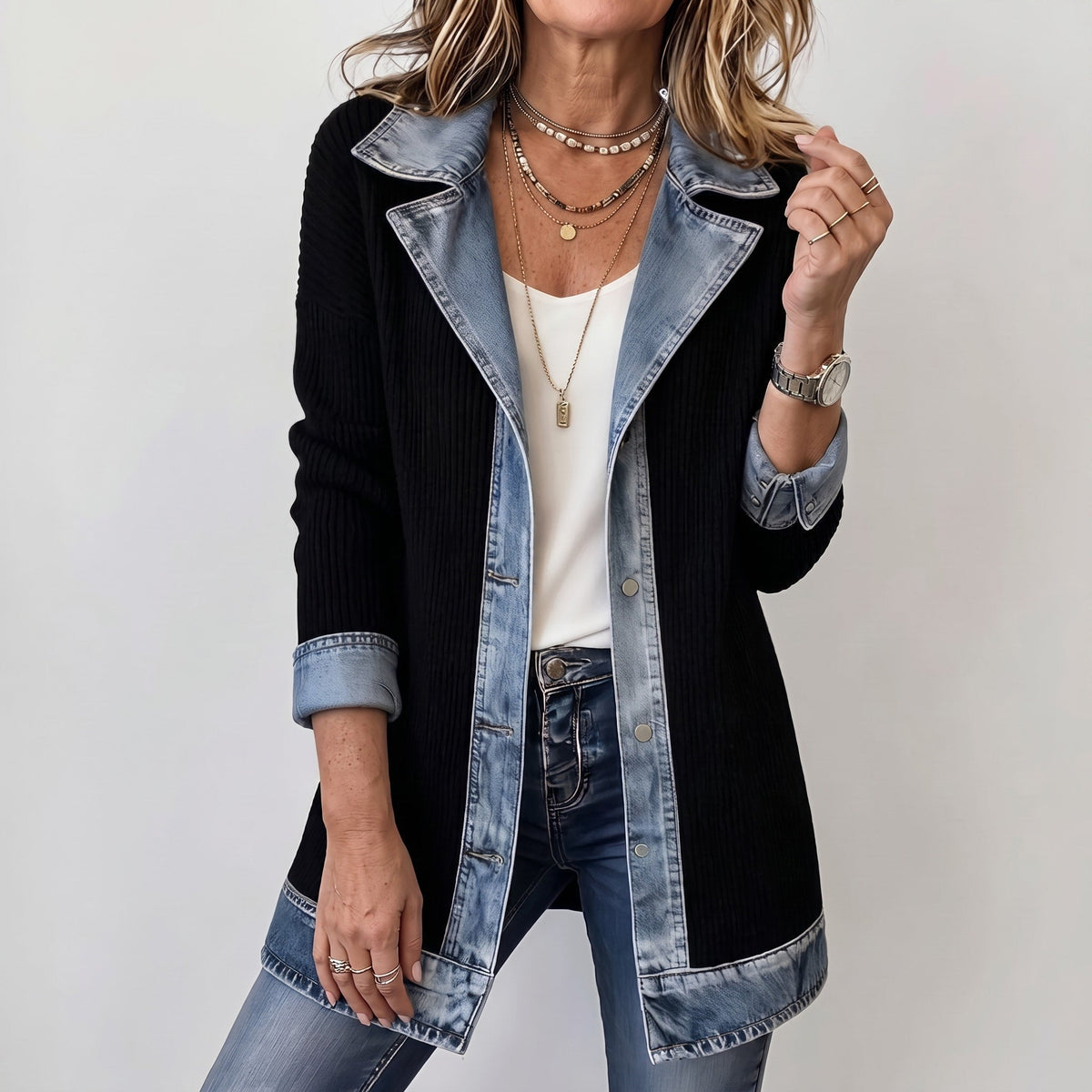 Margaret - Women's Longline Contrast Collar Blazer Jacket - Coats & Jackets - Black - Davies & Cooper