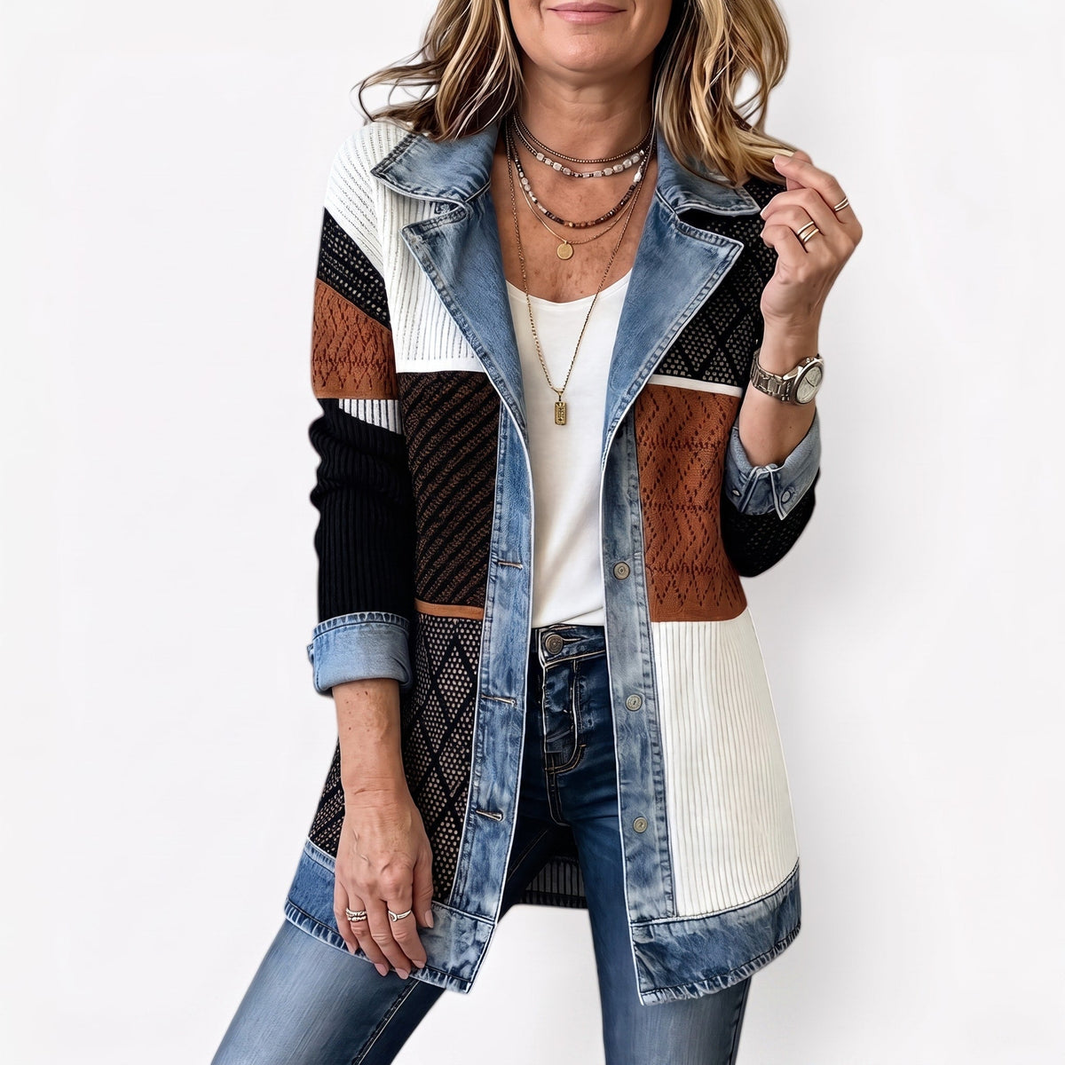 Margaret - Women's Longline Contrast Collar Blazer Jacket - Coats & Jackets - Khaki - Davies & Cooper