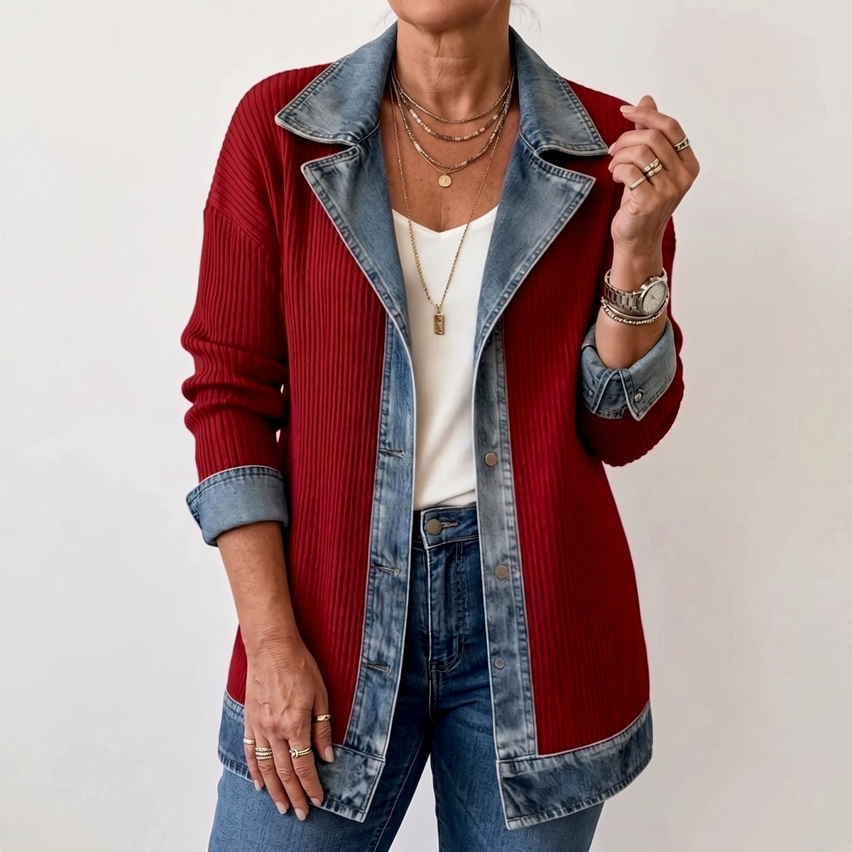 Margaret - Women's Longline Contrast Collar Blazer Jacket - Coats & Jackets - Red - Davies & Cooper