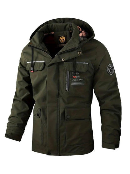 Men's Waterproof Hooded Multi-Pocket Winter Jacket - Dark Green