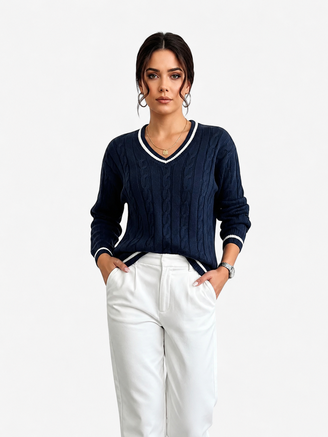 Women's V-Neck Sweater | Cable Knit & Striped Trims 2