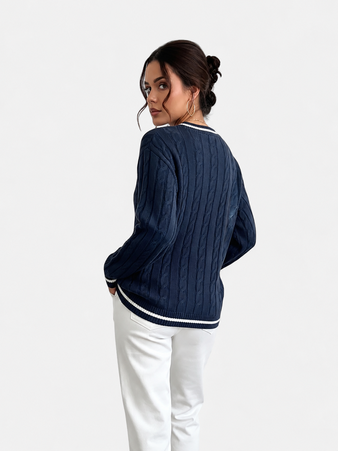 Women's V-Neck Sweater | Cable Knit & Striped Trims 3