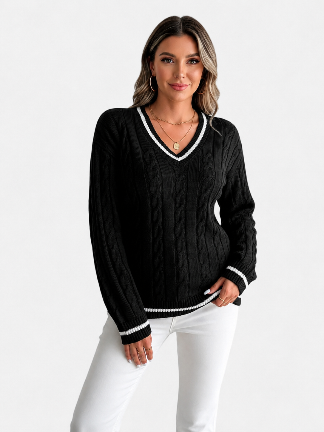 Women's V-Neck Sweater | Cable Knit & Striped Trims 6