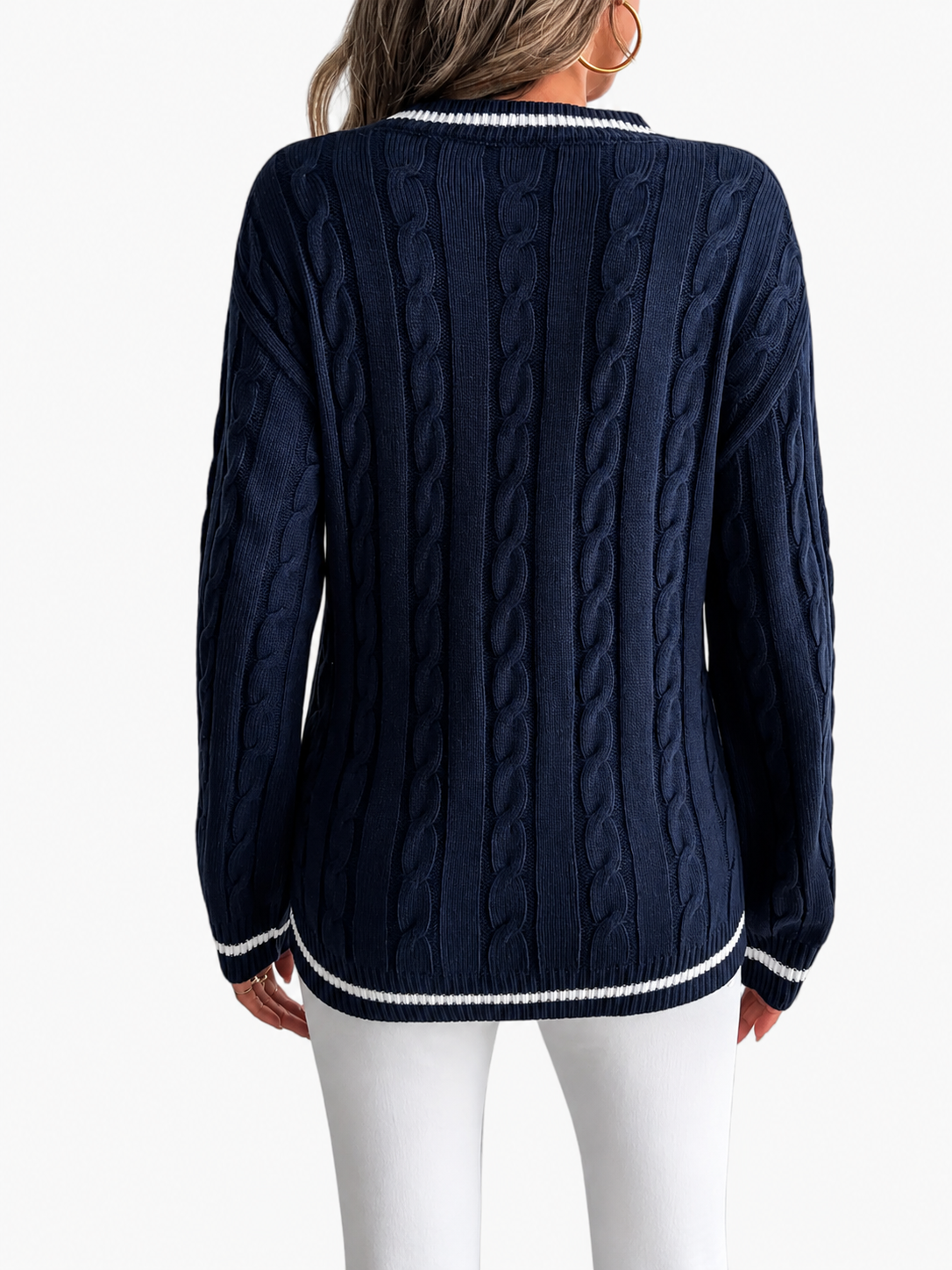 Women's V-Neck Sweater | Cable Knit & Striped Trims 4