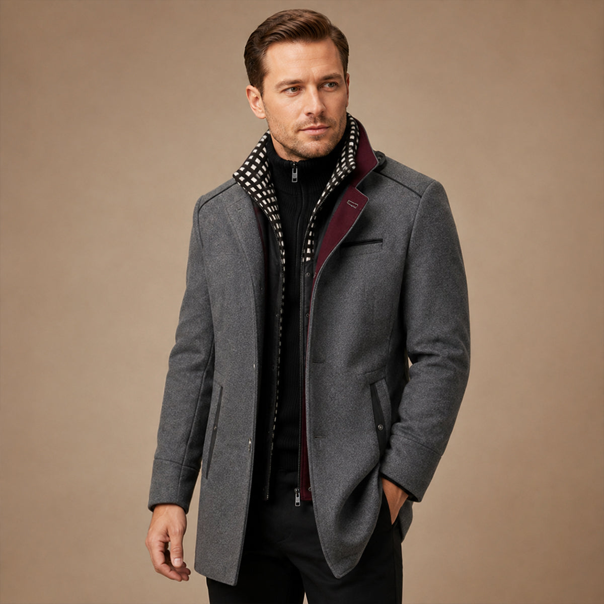 Men's Smart Casual Wool Trench Coat with Stand Collar