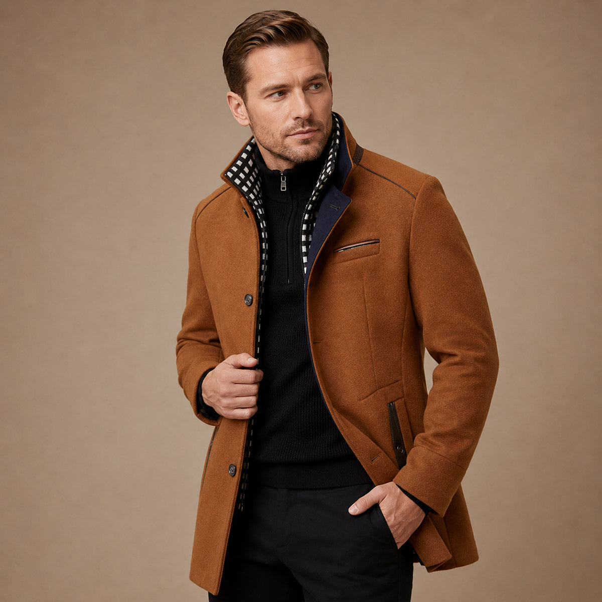 Men's Smart Casual Wool Trench Coat with Stand Collar