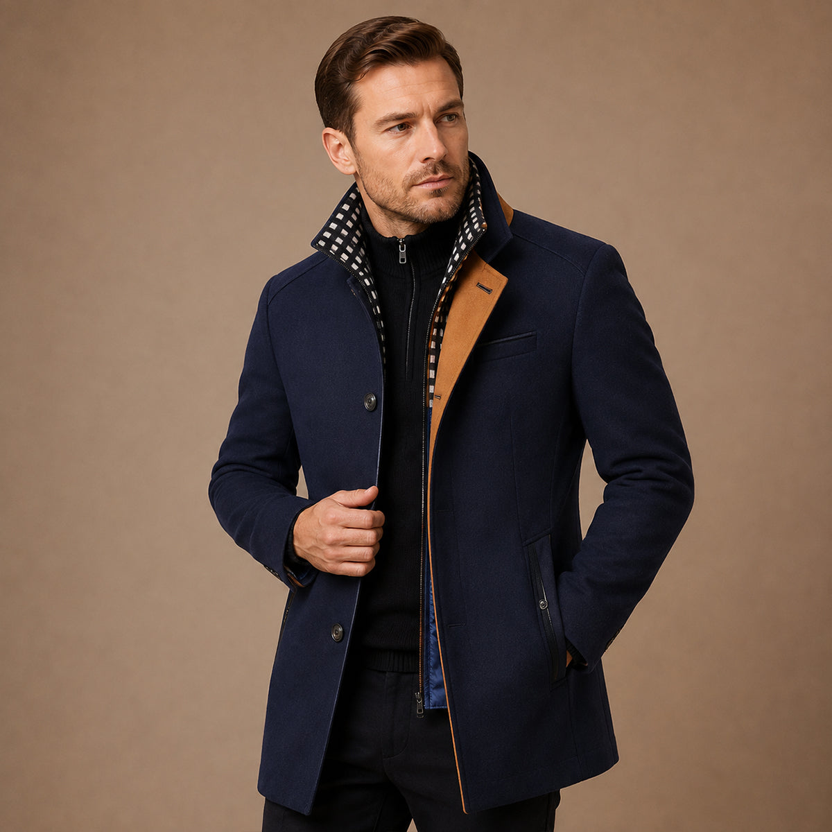 Men's Smart Casual Wool Trench Coat with Stand Collar