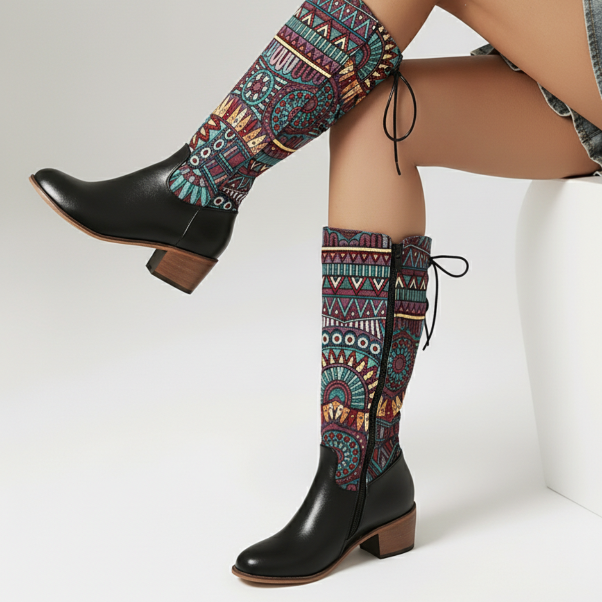 Women's Tapestry Ankle Boots Almond Toe Mid Block Heel 5
