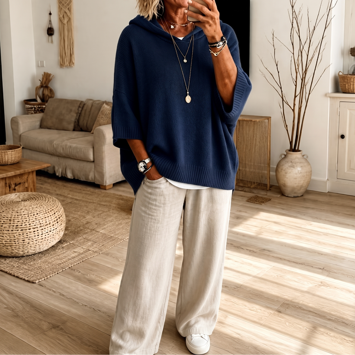 Women's Open-Knit Hoodie | Frayed-Edge Oversized Fit 12