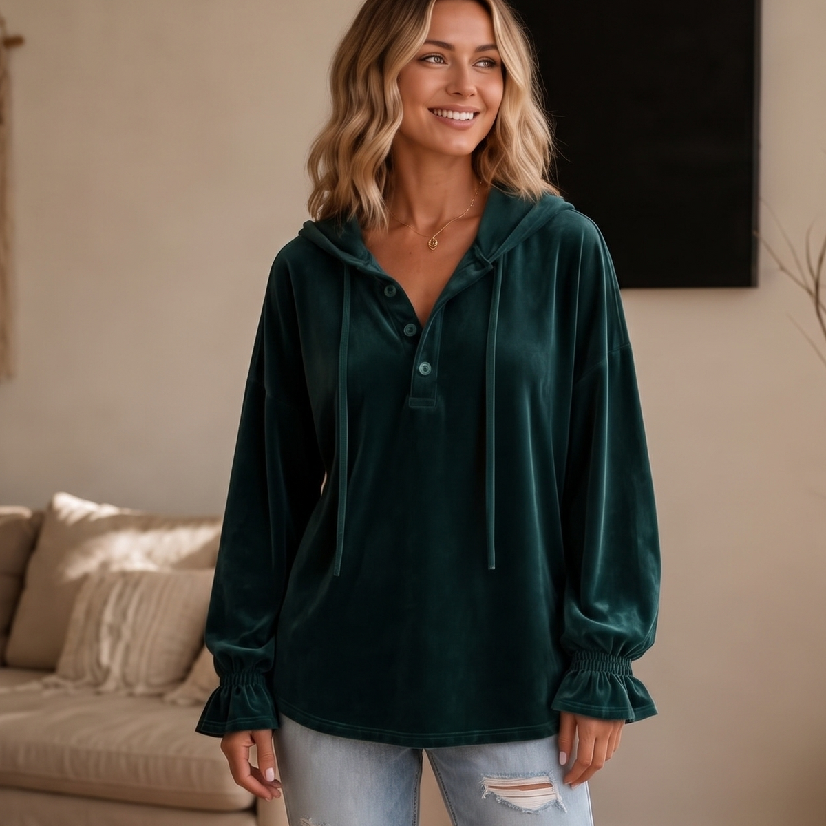 Women's Lantern Sleeve Hoodie | Relaxed Fit & Ruffled Cuff 12