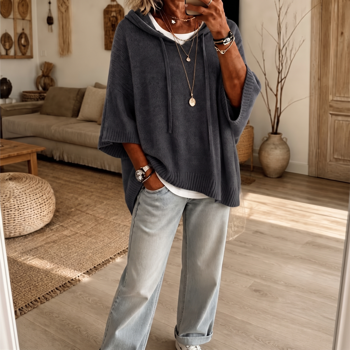 Women's Open-Knit Hoodie | Frayed-Edge Oversized Fit 22