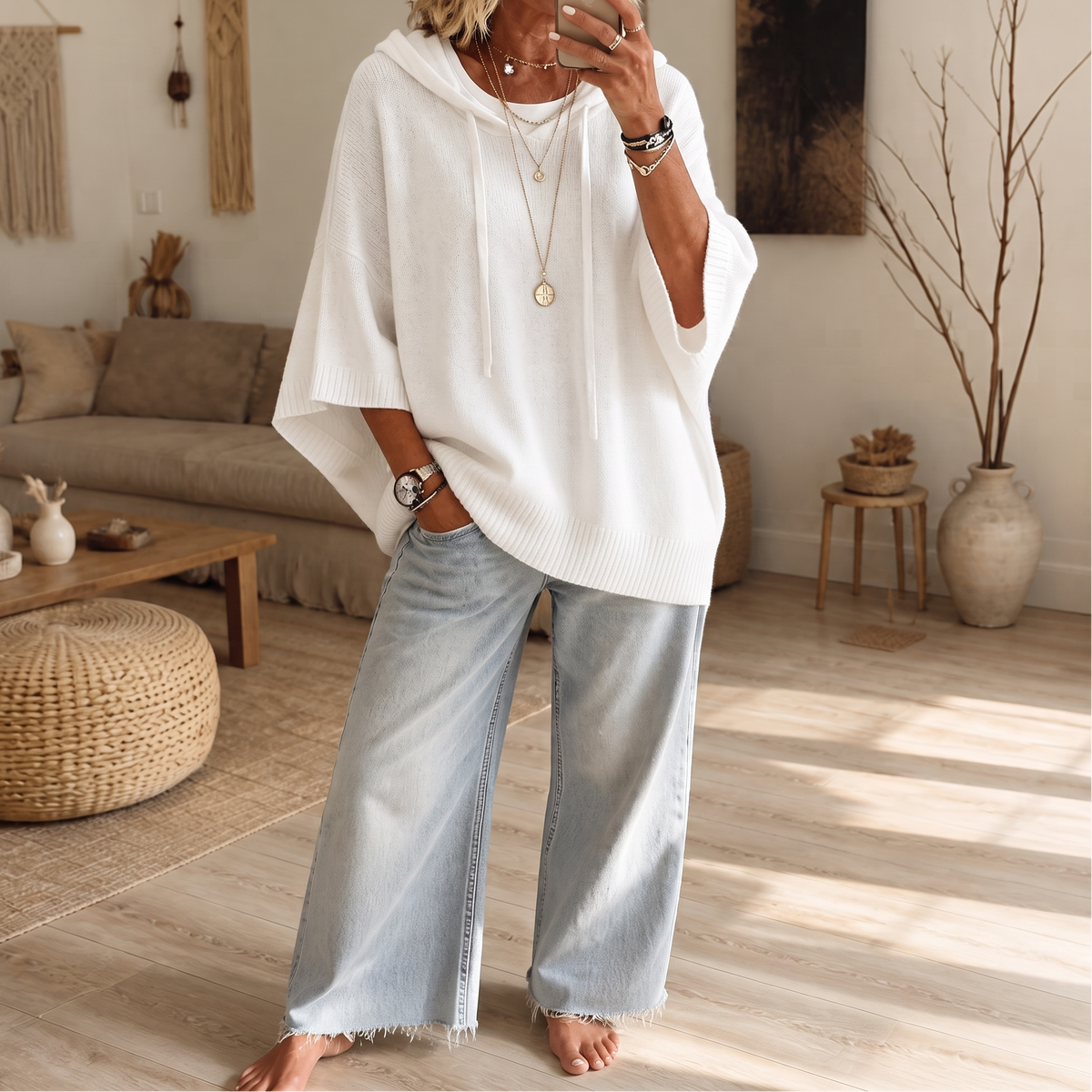 Women's Open-Knit Hoodie | Frayed-Edge Oversized Fit 23
