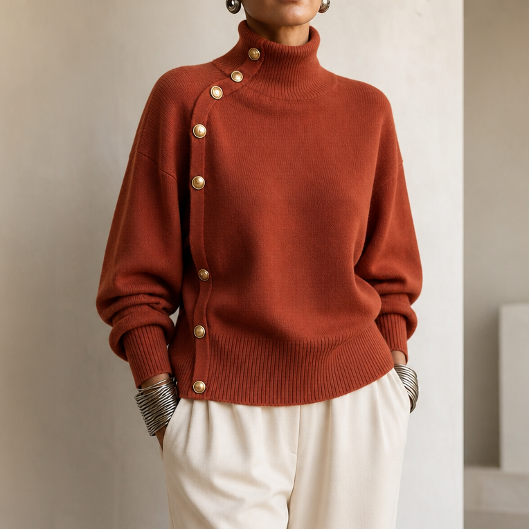 Women's Mock Neck Sweater | Asymmetric Buttons 14