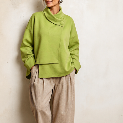 Women's Cowl Neck Sweatshirt | Draped Collar & Button Detail 12