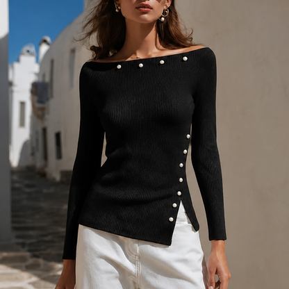 Women's Off-Shoulder Knit Top | Pearl Neckline Detail 11