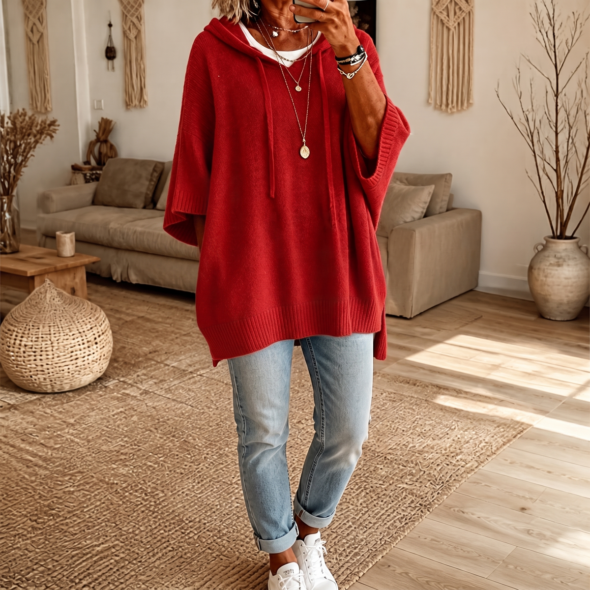 Women's Open-Knit Hoodie | Frayed-Edge Oversized Fit 13