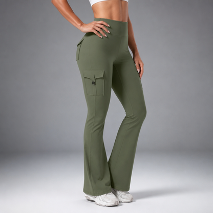 Women's High-Waisted Flare Leggings | Ruched Shaping & Side Pockets 12