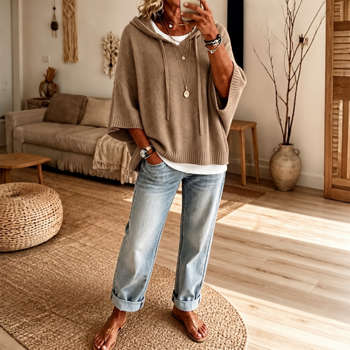 Women's Open-Knit Hoodie | Frayed-Edge Oversized Fit 14