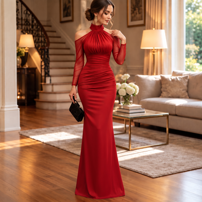 Women's Mermaid Evening Gown | Cold-Shoulder & Sheer Sleeves 12