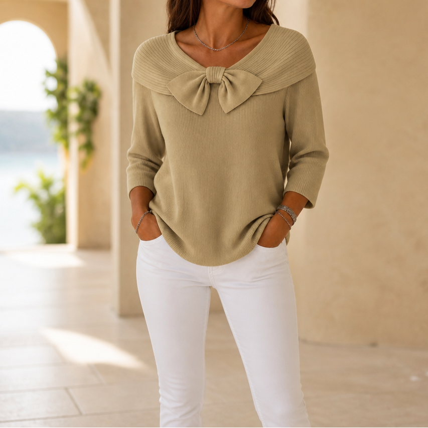 Women's Bow-Neck Sweater | Ribbed Knit & Relaxed Fit 14
