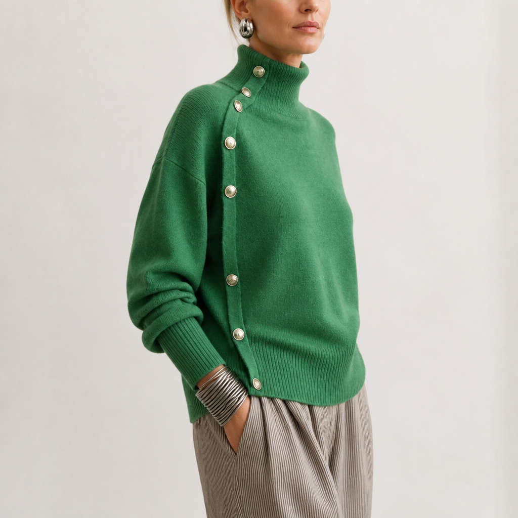 Women's Mock Neck Sweater | Asymmetric Buttons 12