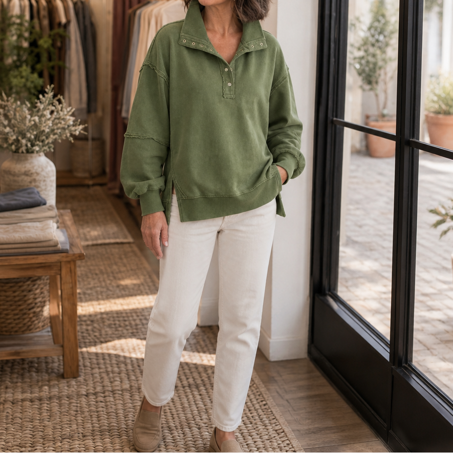 Women's Oversized Henley Sweatshirt | Structured Collar & Raw-Edge Detailing 13