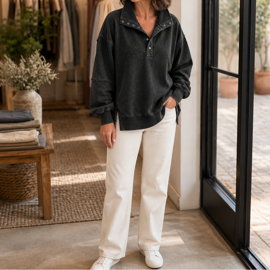Women's Oversized Henley Sweatshirt | Structured Collar & Raw-Edge Detailing 14
