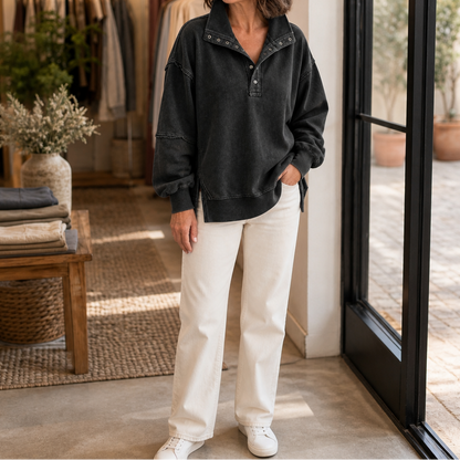 Women's Oversized Henley Sweatshirt | Structured Collar & Raw-Edge Detailing 14