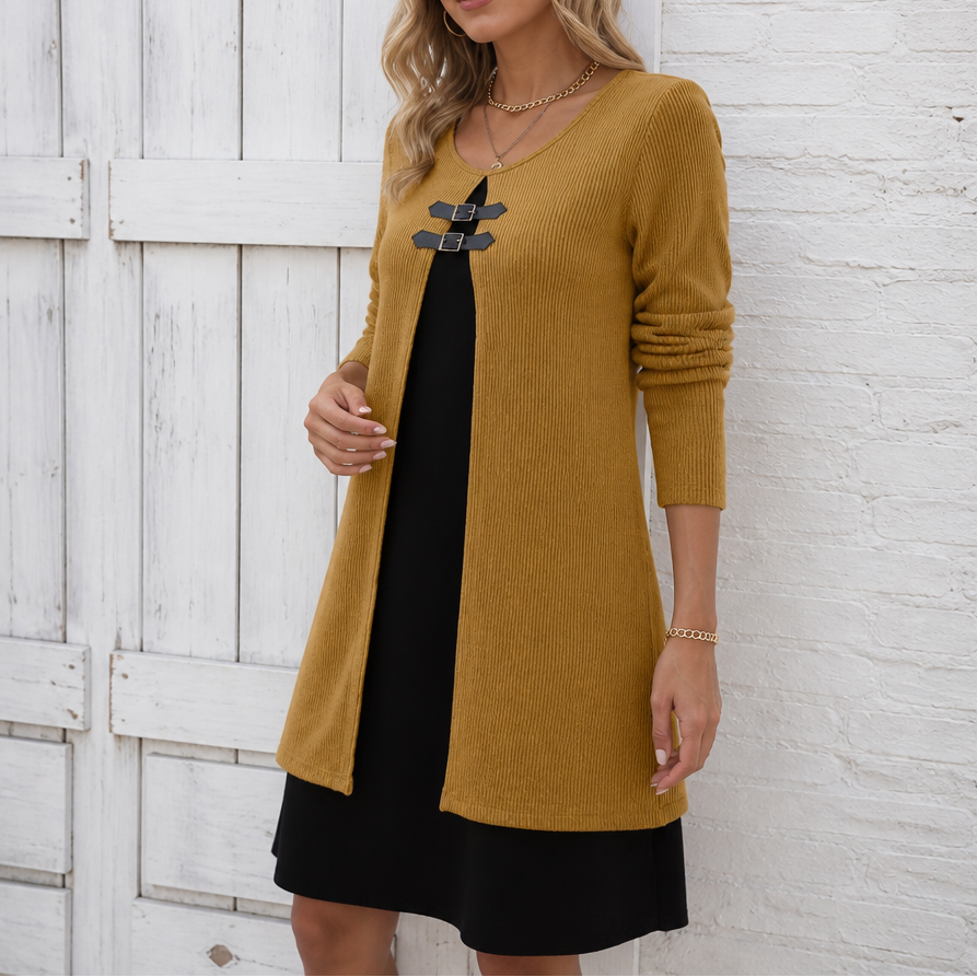 Women's Faux Two-Piece Midi Dress | Buckle Accent & Wrinkle Resistant 9