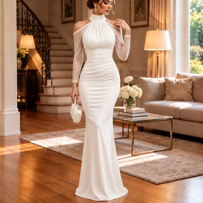 Women's Mermaid Evening Gown | Cold-Shoulder & Sheer Sleeves 14